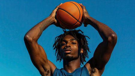 A basketball player holding the ball above his head, preparing for a jump shot, isolated on a blue background.の素材