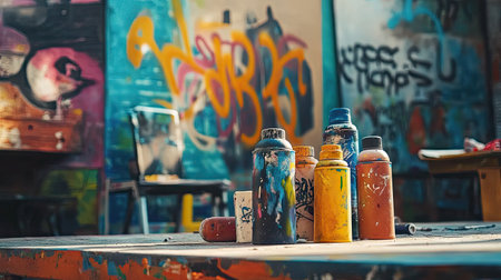 An urban graffiti setup with spray paint cans, stencils, and unfinished artwork on a wall.の素材