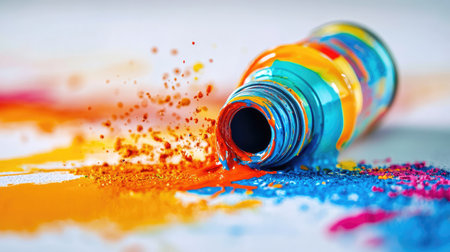 A brightly colored spray paint can tipped over, spilling paint onto a white surface.の素材