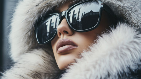 A bold fashion statement featuring a woman in oversized black sunglasses and a dramatic faux fur coat.の素材
