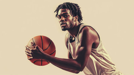 A basketball player ready to shoot, holding the ball in both hands, isolated on a neutral beige background.の素材