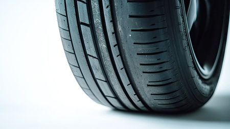 An isolated shot of a car tire with a shiny black rubber surface and crisp sidewall markings, on a white background.の素材