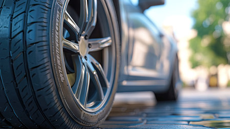 An isolated view of a car tire showcasing the sidewall logo and tread, with sharp focus on the tire's texture.の素材