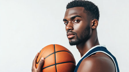 A basketball player holding the ball close to his chest, with a focused look, isolated on a plain white backdrop.の素材