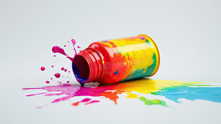 A brightly colored spray paint can tipped over, spilling paint onto a white surface.の素材