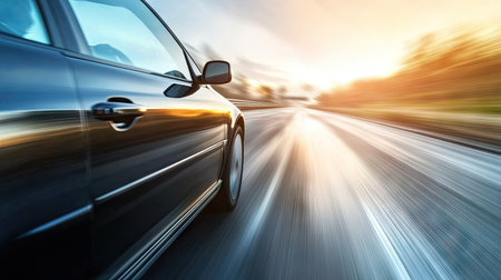 A car driving on a fog-covered highway at dawn, with blurred motion capturing the speed and haze.の素材