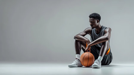 A basketball player resting the ball on his knee, with a relaxed pose, isolated on a minimalist gray background.の素材