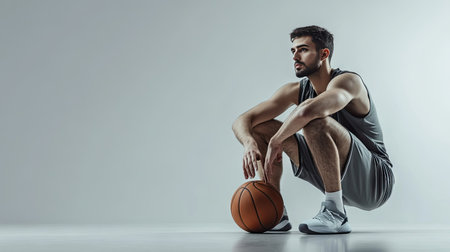A basketball player resting the ball on his knee, with a relaxed pose, isolated on a minimalist gray background.の素材