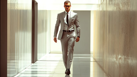 A business professional in a gray suit and a black belt, confidently walking through an office corridor.の素材