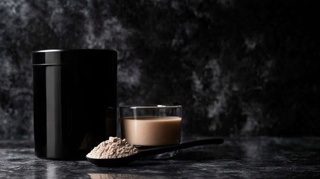 A black tub of whey protein with a scoop of powder and a glass of protein shake beside it.の素材