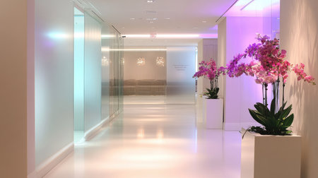 A clean and contemporary office hallway featuring frosted glass partitions, white floors, and soft LED lighting.の素材