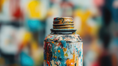 A close-up of a spray paint can nozzle covered in dried paint, with a blurred urban wall in the background.の素材