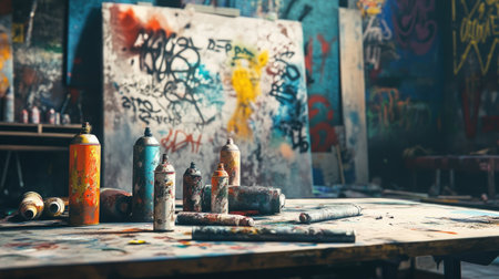 An urban graffiti setup with spray paint cans, stencils, and unfinished artwork on a wall.の素材