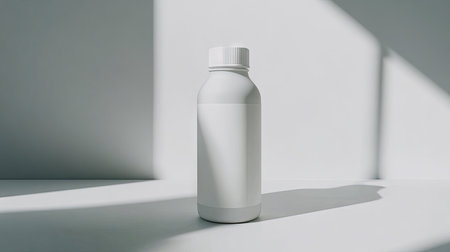 A bottle of pre-mixed protein drink with a sleek label, standing on a minimalist white table.の素材