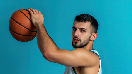 A basketball player holding the ball above his head, preparing for a jump shot, isolated on a blue background.の素材