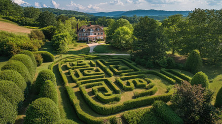 A beautiful hedge maze with perfect geometric shapes, offering a serene and enchanting view from above.の素材