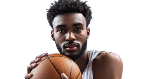 A basketball player holding the ball close to his chest, with a focused look, isolated on a plain white backdrop.の素材