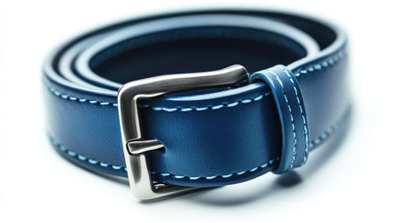 A close-up of a blue leather belt with a polished metal buckle isolated on a pure white background.の素材