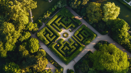 A beautiful hedge maze with perfect geometric shapes, offering a serene and enchanting view from above.の素材