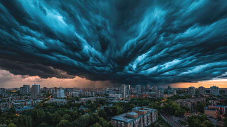 A cityscape under an ominous dark sky, with black clouds swirling and creating a sense of tension.の素材