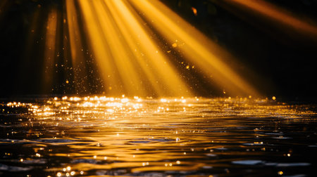 A burst of golden light rays glowing and dancing in the darkness, casting soft reflections on the surface.の素材
