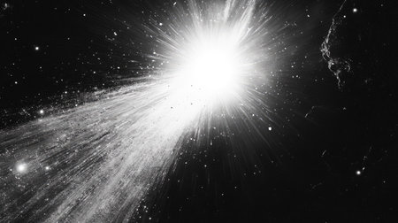 A bright white sun flare with shimmering light rays radiating across a black void.の素材