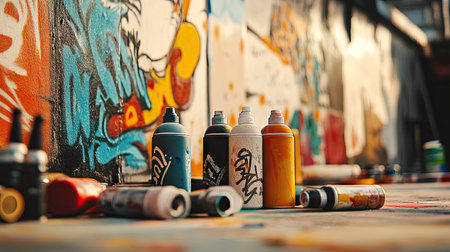 An urban graffiti setup with spray paint cans, stencils, and unfinished artwork on a wall.の素材