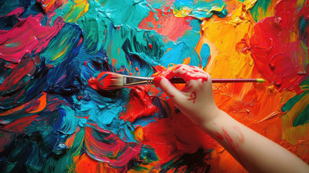 A child's hand holding a brush, mixing bright paints on a palette in a fun and playful manner.の素材