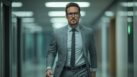 A business professional in a gray suit and a black belt, confidently walking through an office corridor.の素材