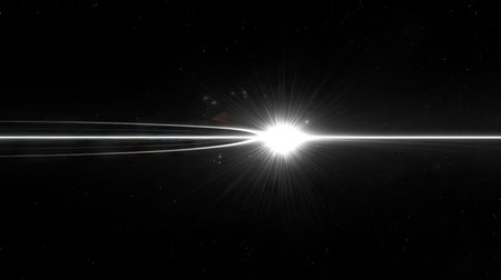 A bright white sun flare with shimmering light rays radiating across a black void.の素材