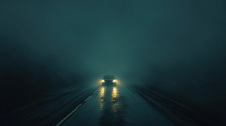 A car's headlights cutting through dense fog on a lonely highway, with reflective road markings visible.の素材