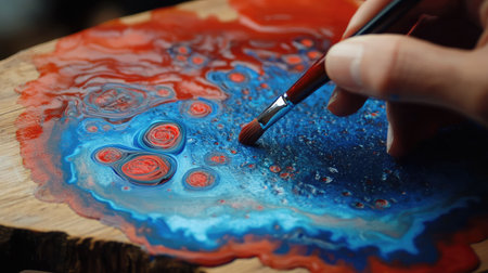 A close-up of an artist's hand mixing vibrant red and blue paints on a wooden palette with a fine-tipped brush.の素材