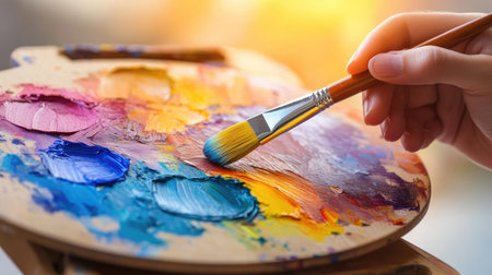 A beginner's hand holding a brush, mixing primary colors on a clean palette for the first time.の素材