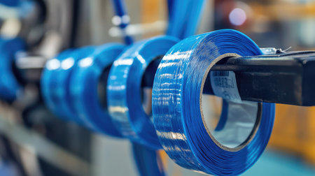 A close-up of a repair process, showing insulated wires being wrapped with blue electrical tape.の素材