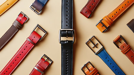 A classic black leather belt surrounded by colorful leather belts on a neutral background.の素材