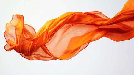 A bright orange t-shirt in mid-air with its fabric swirling gracefully, highlighted against a white background.の素材