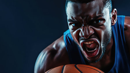 A close-up of a basketball player's intense expression while holding the ball, isolated on a dark gradient background.の素材