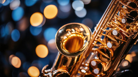 A close-up of saxophone keys and pads, emphasizing their texture and shine, on a deep black stage.の素材