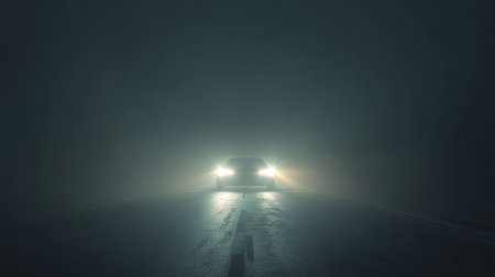 A car's headlights cutting through dense fog on a lonely highway, with reflective road markings visible.の素材