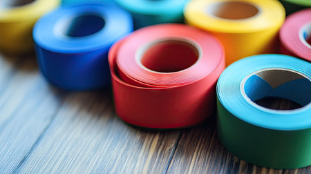 A close-up of vibrant self-adhesive tape rolls in shades of red, blue, yellow, and green, lying flat on a wooden surface.の素材