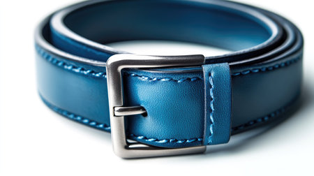 A close-up of a blue leather belt with a polished metal buckle isolated on a pure white background.の素材
