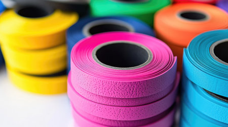 A close-up of the edges of stacked adhesive tape rolls in various vibrant colors.の素材