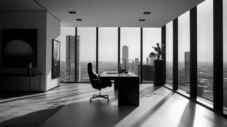 A corner office space with a panoramic view, empty desk, and stylish minimalist furnishings in black and white tones.の素材