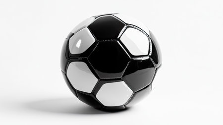 A classic black-and-white soccer ball with a clean and polished look, isolated on a bright white background.の素材