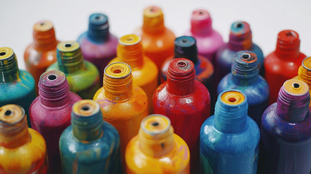 A close-up of multiple spray paint cans with nozzles in various colors, arranged in a circle.の素材