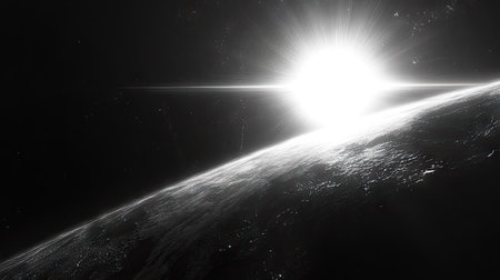 A bright white sun flare with shimmering light rays radiating across a black void.の素材