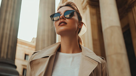 A confident woman in dark aviator sunglasses and a tailored trench coat, walking through a bustling urban square.の素材