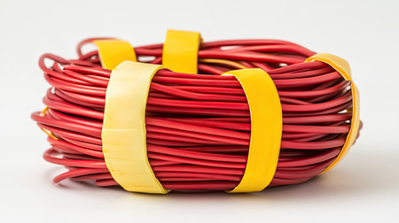 A bundle of electrical wires neatly organized and insulated with red and yellow electrical tape.の素材