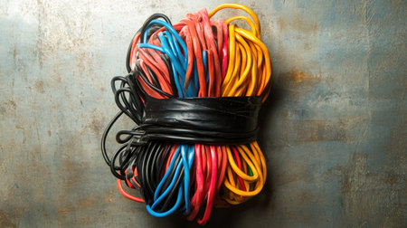 A bundle of colorful wires insulated with black electrical tape, set against a metallic surface.の素材