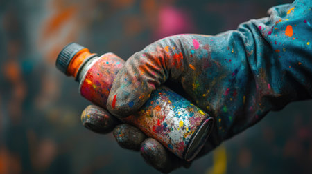 A close-up of a hand in a latex glove gripping a spray paint can, with colorful stains on the glove.の素材